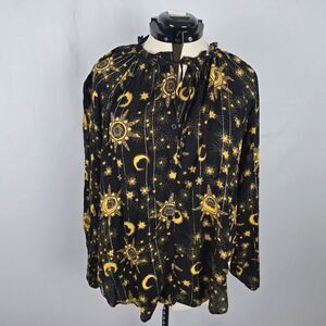 Torrid Blouse Women's 1X Black Gold Moon Print Long Sleeve Tie Mock Neck NWT
